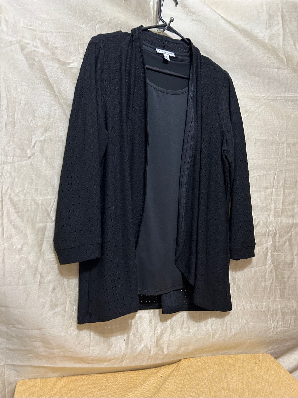 Kim Rogers Black Open-Front Lightweight Eyelet Cardigan